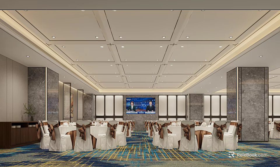 Modern Banquet Hall Interior With Tables Chairs Large Screen And Lighting 3d model 