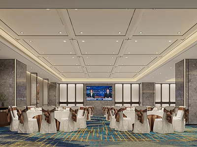 Modern Banquet Hall Interior With Tables Chairs Large Screen And Lighting 3d model