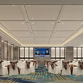 Modern Banquet Hall Interior With Tables Chairs Large Screen And Lighting