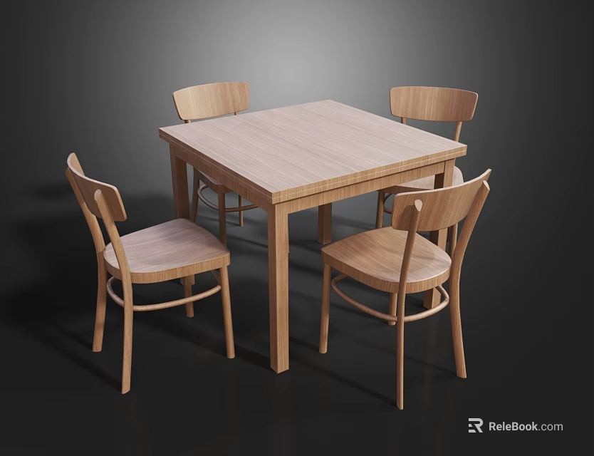 Minimalist Wooden Dining Table Set With Square Top And Four Chairs 3d model