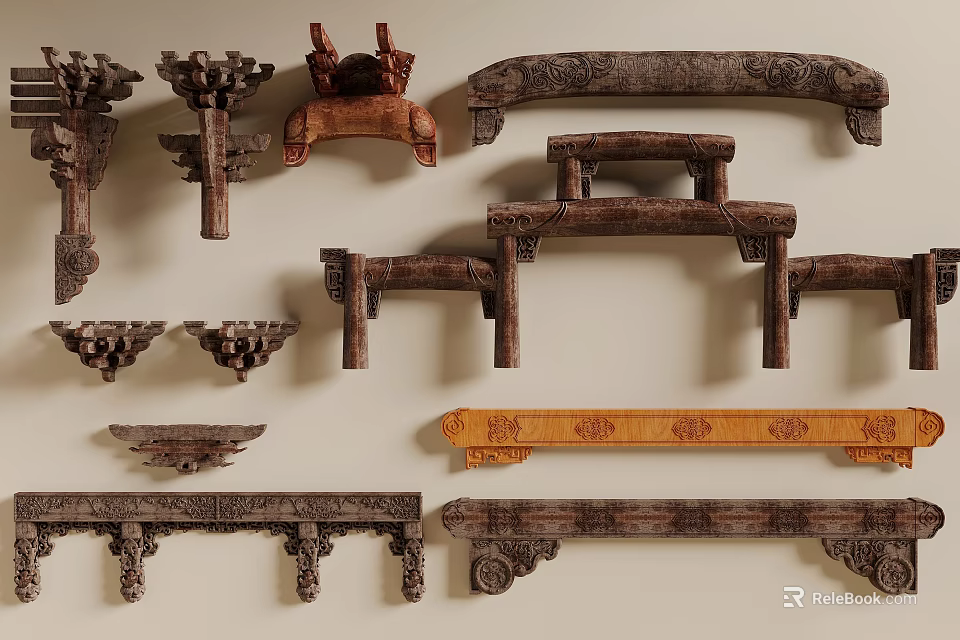 Traditional Wooden Components with Intricate Carvings and Various Architectural Designs 3d model 
