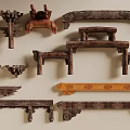 Traditional Wooden Components with Intricate Carvings and Various Architectural Designs