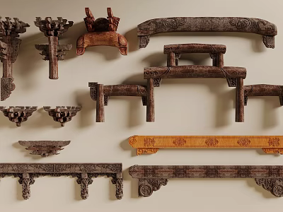 Traditional Wooden Components with Intricate Carvings and Various Architectural Designs 3d model