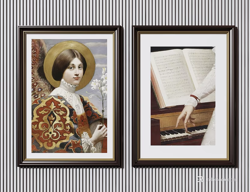 Framed Wall Art Featuring Haloed Woman Portrait And Piano Score 3d model 