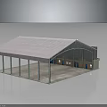Industrial Warehouse Building With Metal Roof Green Pillars Multiple Doors And Cylindrical Structure