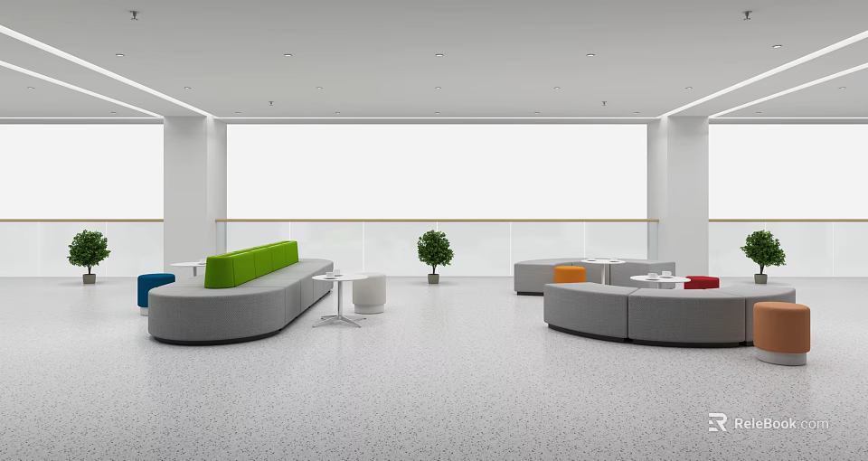 Modern Lounge Area Interior With Green Sofa Gray Seating And Potted Plant 3d model 