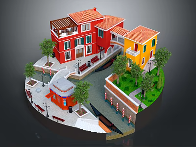 Colorful Red And Yellow Buildings In Miniature Scene With Tile Roofs Trees Pathways And Benches 3d model