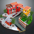 Colorful Red And Yellow Buildings In Miniature Scene With Tile Roofs Trees Pathways And Benches
