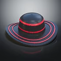 Black Wide Brim Hat With Red Circular Bands And Sleek Speckled Surface