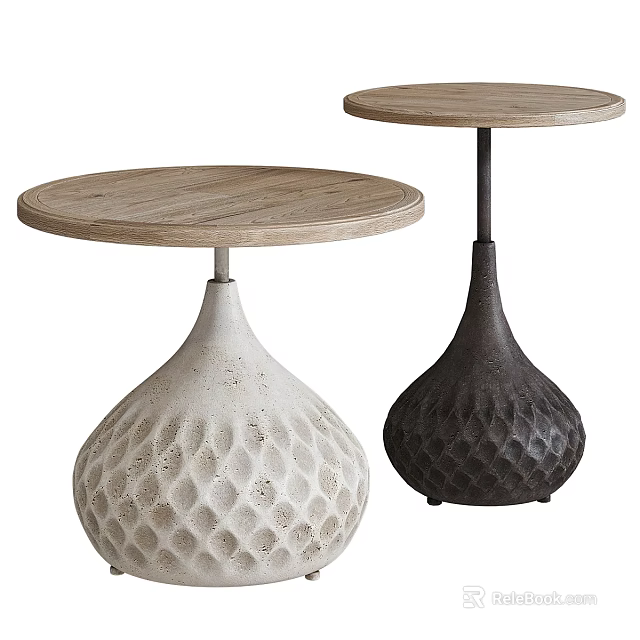 Stylish Round Side Tables with Wooden Top and Textured White Black Bases 3d model 