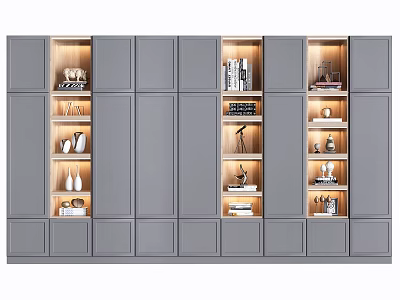 Modern Gray Bookcase Featuring Illuminated Compartments With Books And Decor Items 3d model