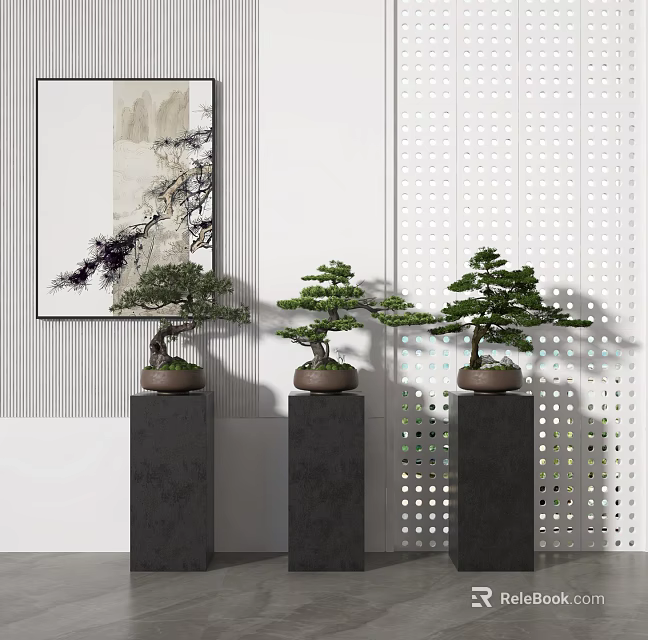 Bonsai Plants Displayed On Black Pedestals With Chinese Landscape Painting And Perforated Screen 3d model 