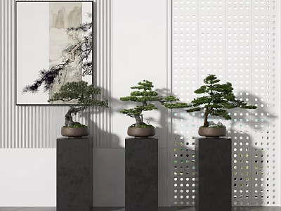 Bonsai Plants Displayed On Black Pedestals With Chinese Landscape Painting And Perforated Screen 3d model