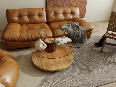 Brown Leather Sectional Sofa in Modern Living Room with Wooden Coffee Table and Gray Rug 3d model