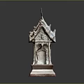 Cartoon Style Traditional Thai Temple Miniature Model With Red Roof And Decorative Pillars