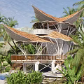Tropical Villa With Layered Pagoda Roof Palm Trees Pool And Scenic Mountain Views