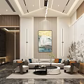 Modern Elegant Clubhouse Interior With Landscape Painting Sofa Bookshelf And Chandelier