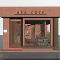 USA COFFE Cafe Exterior With Red Brick Structure Glass Door Windows And Interior Furniture Plants