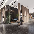 Modern Elegant Entrance Hall With Gray Walls Glass Partitions Cactus Sculpture And Metal Elements