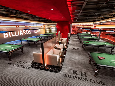 Modern Billiards Club Interior With Multiple Green Felt Tables And Seating Areas 3d model