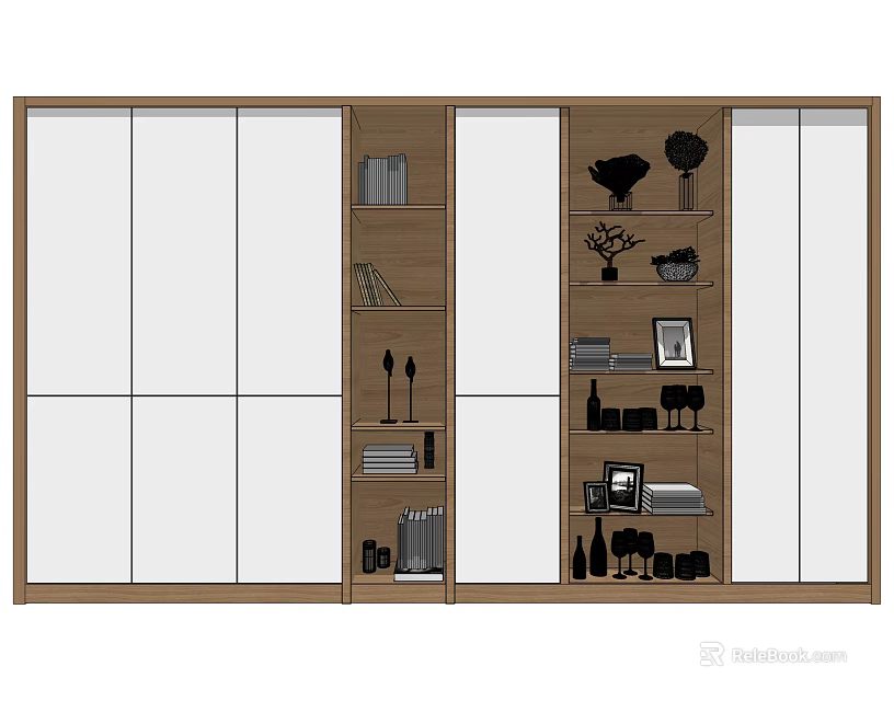 Modern Bookcase With Sliding Glass Doors And Books Decorative Items Photo Frames Wine Glasses 3d model 