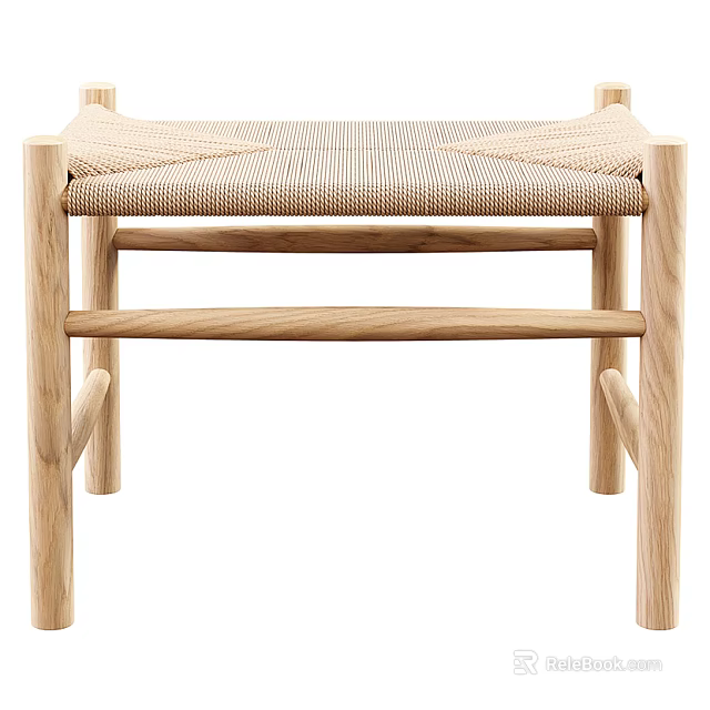 Minimalist Wooden Stool With Woven Seat And Natural Oak Frame Design 3d model 