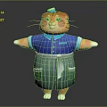 Chubby Cartoon Cat Chef Wearing Blue Shirt Green Striped Apron Shorts And Small Hat