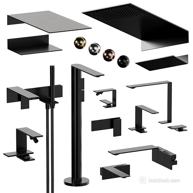 Modern Black Metal Faucets With Different Design Components Handles And Balls 3d model 