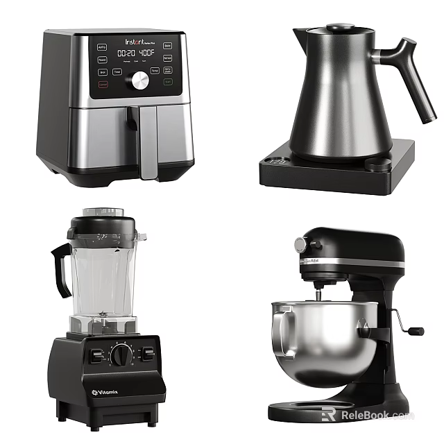 Essential Modern Kitchen Appliances Coffee Maker Electric Kettle Blender Stand Mixer 3d model 