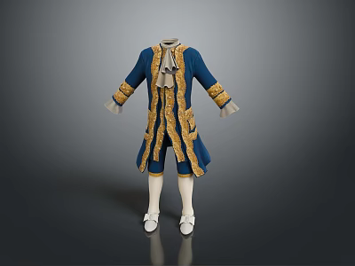 Elegant Vintage Long Blue Coat With Gold Trim White Stockings And Shoes 3d model
