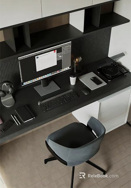 Modern Home Office Desk With Computer Monitor Keyboard Mouse Coffee Cup And Vinyl Record Player 3d model 
