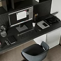 Modern Home Office Desk With Computer Monitor Keyboard Mouse Coffee Cup And Vinyl Record Player