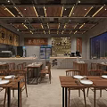 Modern Industrial Restaurant Interior With Wooden Tables Bar Counter Chinese Decor And Pendant Lights