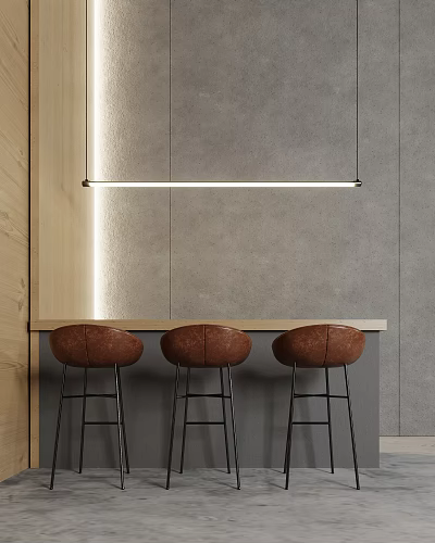 Modern Bar Counter With Linear Pendant Light Three Brown Bar Stools And Gray Wall 3d model