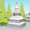 White Stupa With Golden Top Surrounded by Green Pine Trees Under Cloudy Sky