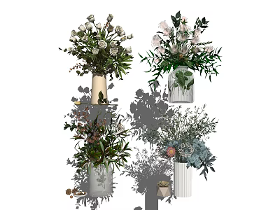 Elegant Ceramic Vase Flower Arrangements With White Pink Blooms And Green Foliage 3d model