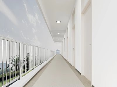 Modern Office Corridor With White Walls Ceiling Lights Railing And Outdoor View 3d model