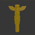 Golden Totem Pole Sculpture With Eagle Wings And Multiple Facial Carvings