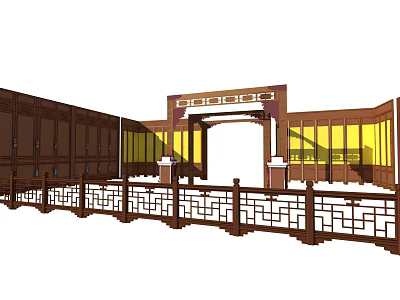 Intricate Wooden Railing Design In Traditional Chinese Courtyard With Archway And Yellow Windows 3d model