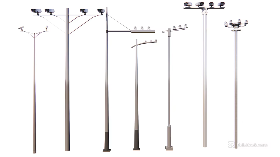 Projection Surveillance Equipment With Mounted Poles And Various Camera Models For Outdoor Security 3d model 