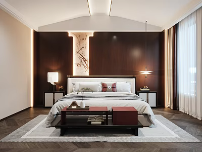 Modern Bedroom Design With Wooden Accent Wall Hanging Lamp Bedside Tables And Area Rug 3d model
