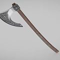 Traditional Axe Weapon With Wooden Handle And Carved Metal Blade Design