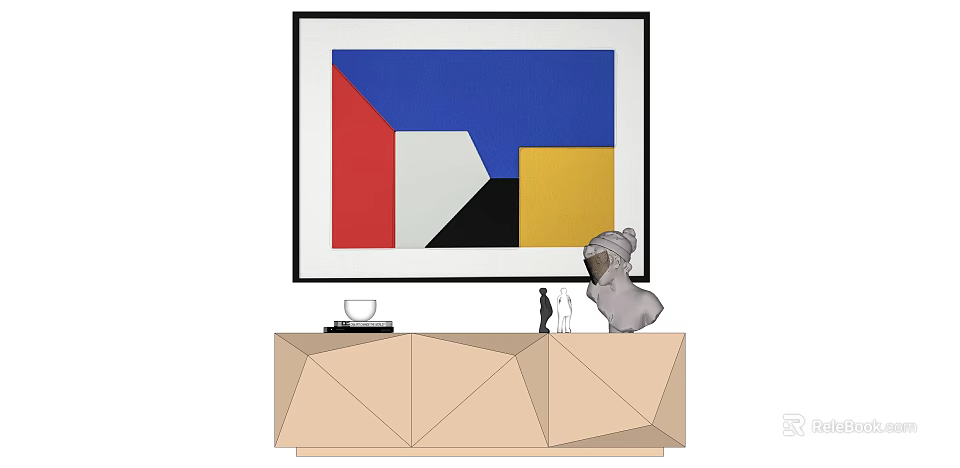 Abstract Geometric Painting on Wall with Modern Geometric TV Stand and Decorative Items 3d model 