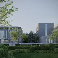 Modern Office Building Exterior With Green Lawn Trees Shrubs And Contemporary Design