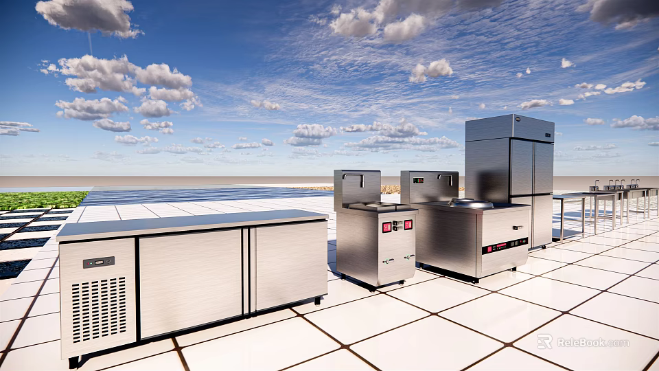 Stainless Steel Commercial Kitchen Appliances With Multiple Refrigeration Units In Open Area 3d model 