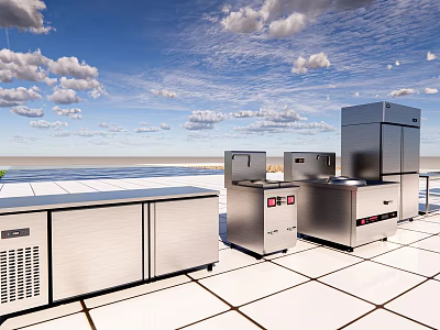 Stainless Steel Commercial Kitchen Appliances With Multiple Refrigeration Units In Open Area 3d model