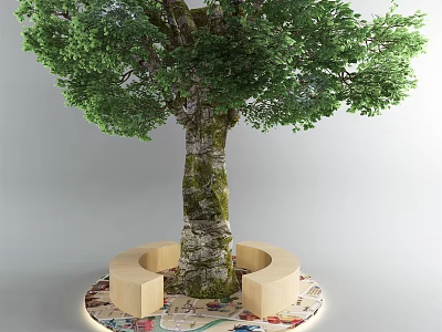 Tall Tree With Green Leaves On Circular Platform With Curved Seats And Colorful Floor 3d model