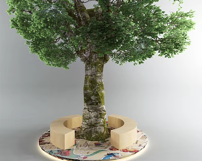 Tall Tree With Green Leaves On Circular Platform With Curved Seats And Colorful Floor 3d model