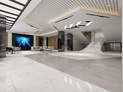 Modern Front Desk Reception In Lobby With Large Screen Sofa Staircase And Marble Floor 3d model