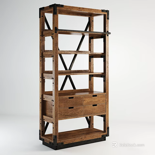 Industrial Style Wooden Shelving Unit With Multiple Storage Shelves Drawers And Metal X Frame Accents 3d model 